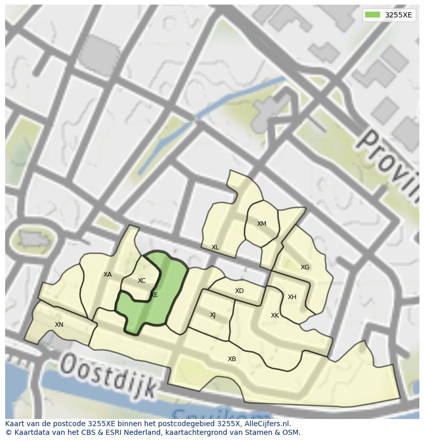 Afbeelding van het postcodegebied 3255 XE op de kaart.