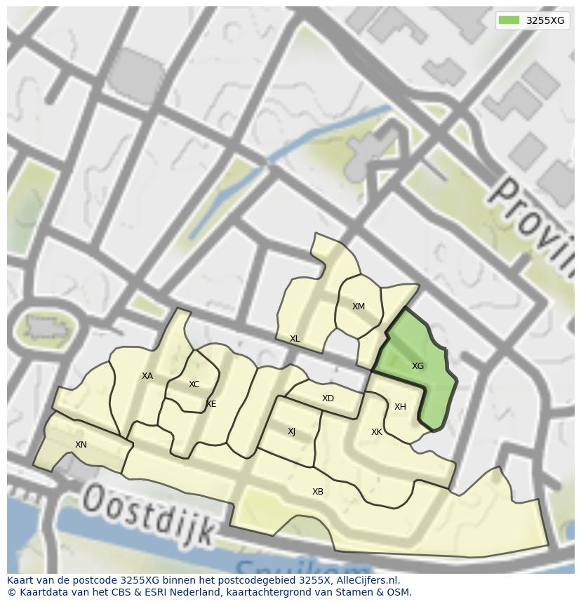 Afbeelding van het postcodegebied 3255 XG op de kaart.