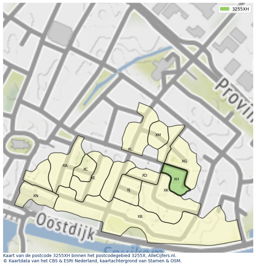 Afbeelding van het postcodegebied 3255 XH op de kaart.