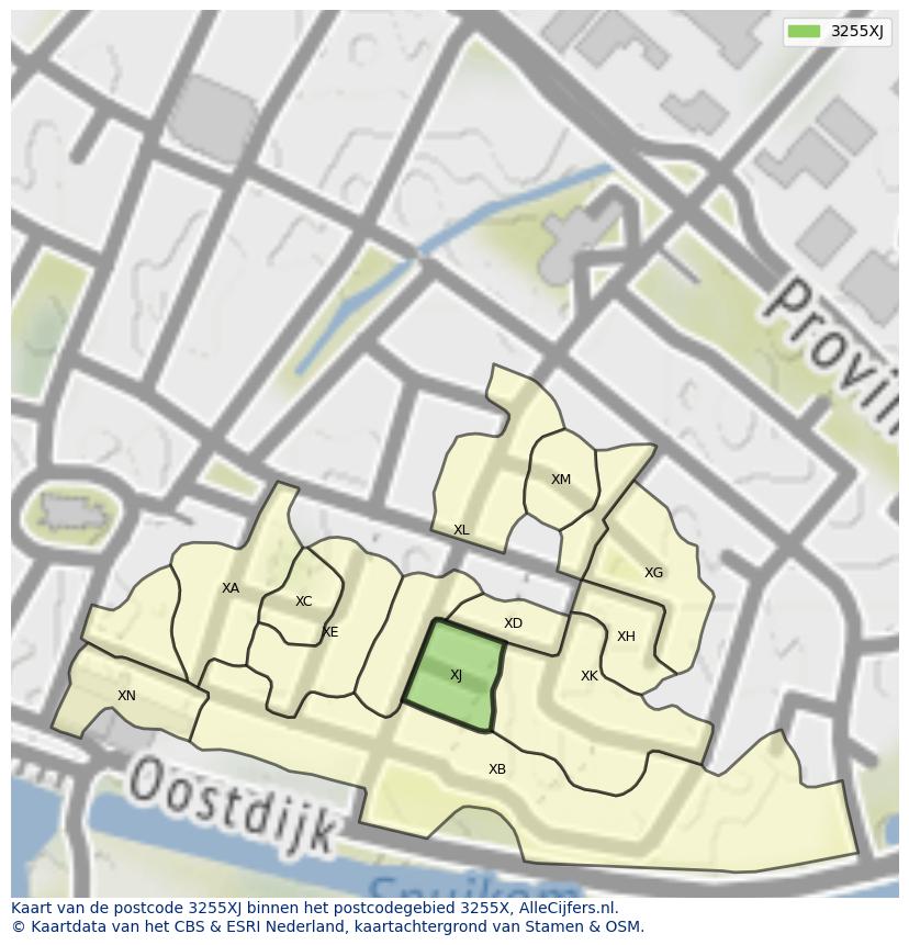 Afbeelding van het postcodegebied 3255 XJ op de kaart.