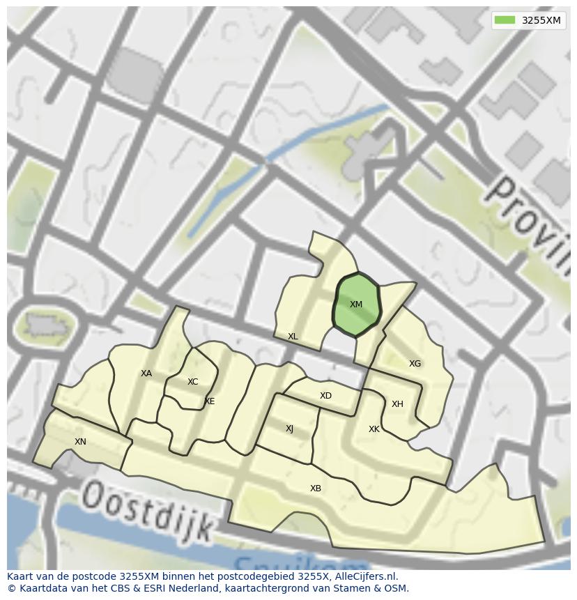 Afbeelding van het postcodegebied 3255 XM op de kaart.
