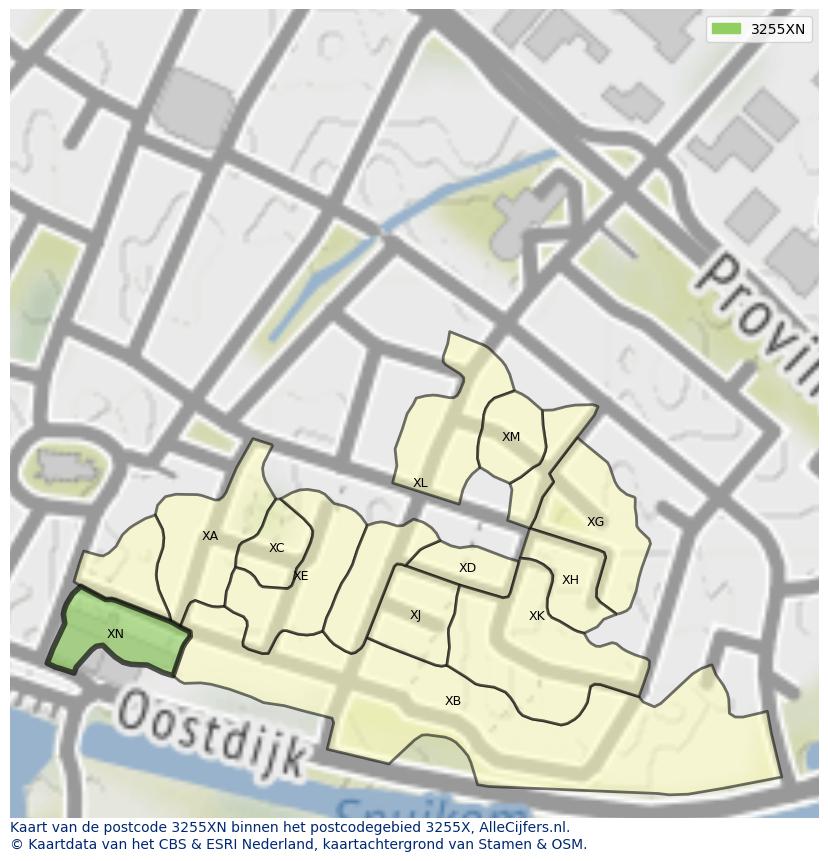 Afbeelding van het postcodegebied 3255 XN op de kaart.