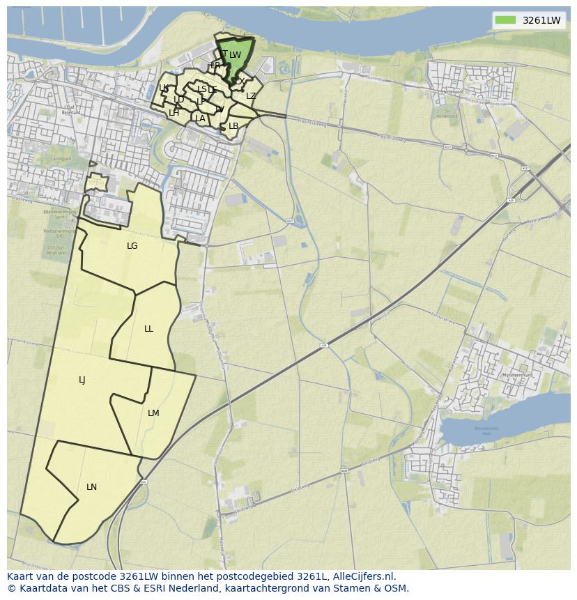Afbeelding van het postcodegebied 3261 LW op de kaart.