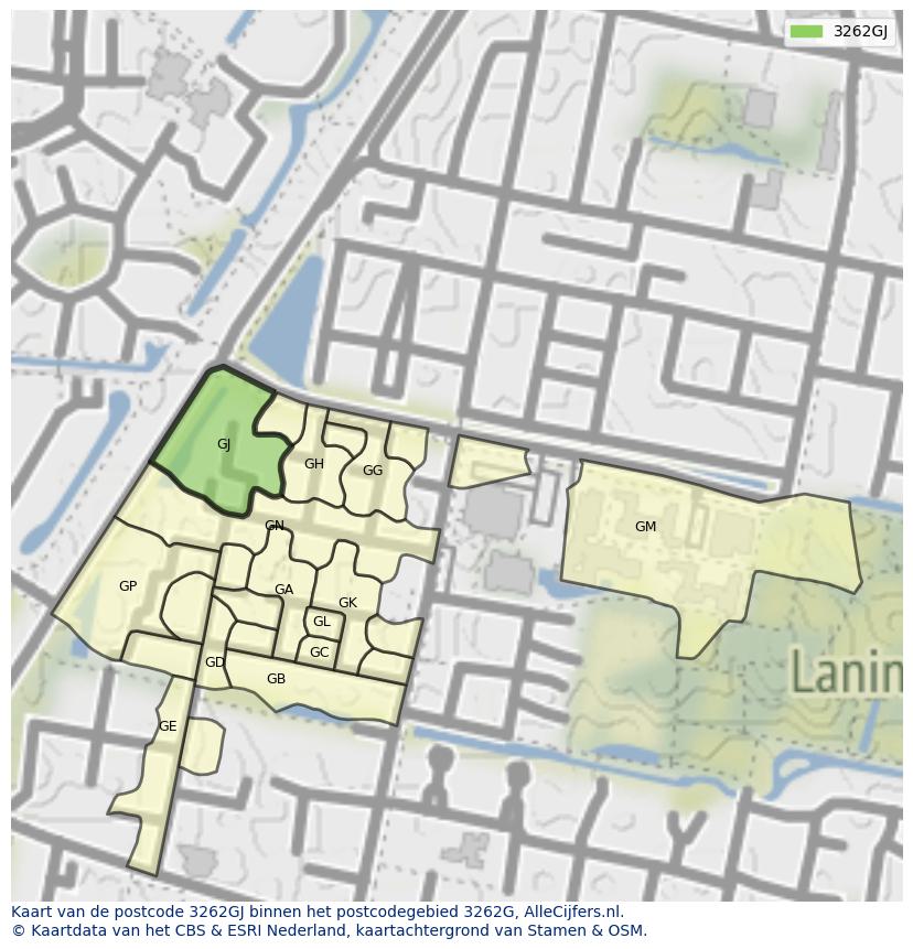 Afbeelding van het postcodegebied 3262 GJ op de kaart.