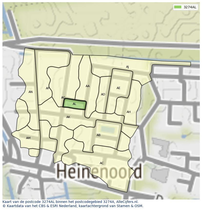 Afbeelding van het postcodegebied 3274 AL op de kaart.