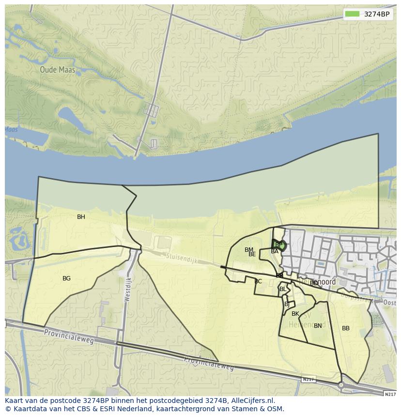 Afbeelding van het postcodegebied 3274 BP op de kaart.