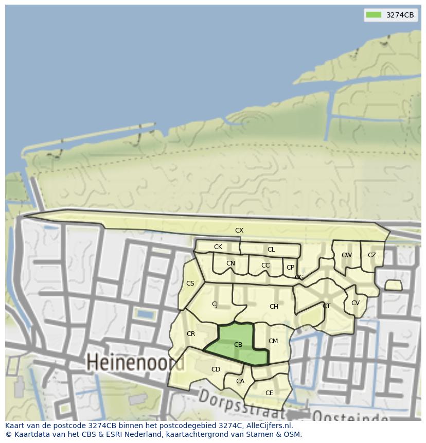 Afbeelding van het postcodegebied 3274 CB op de kaart.