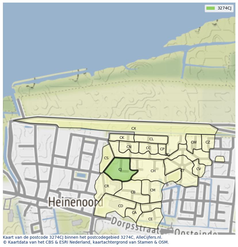 Afbeelding van het postcodegebied 3274 CJ op de kaart.