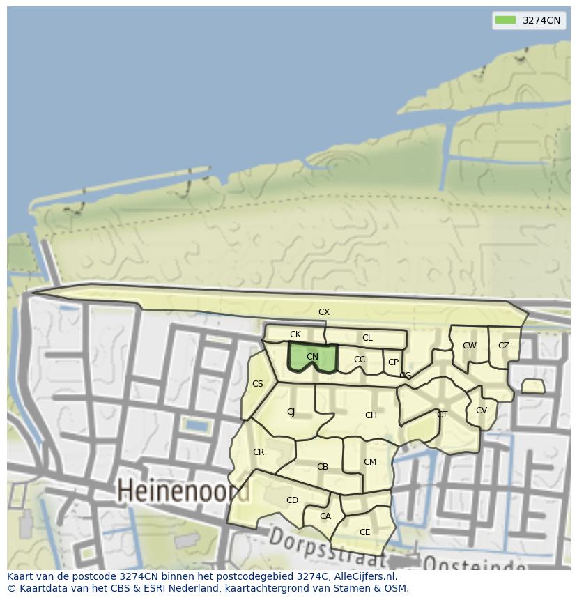 Afbeelding van het postcodegebied 3274 CN op de kaart.