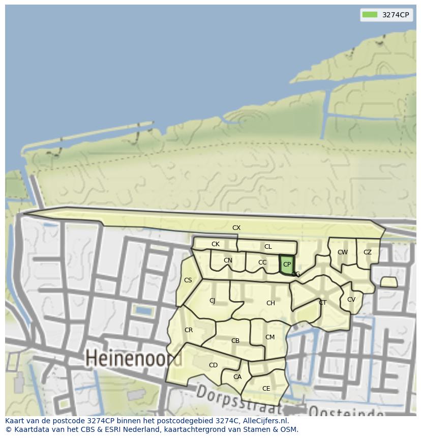 Afbeelding van het postcodegebied 3274 CP op de kaart.