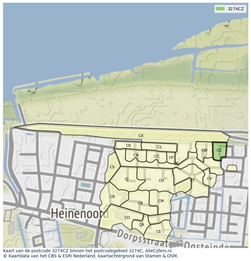 Afbeelding van het postcodegebied 3274 CZ op de kaart.