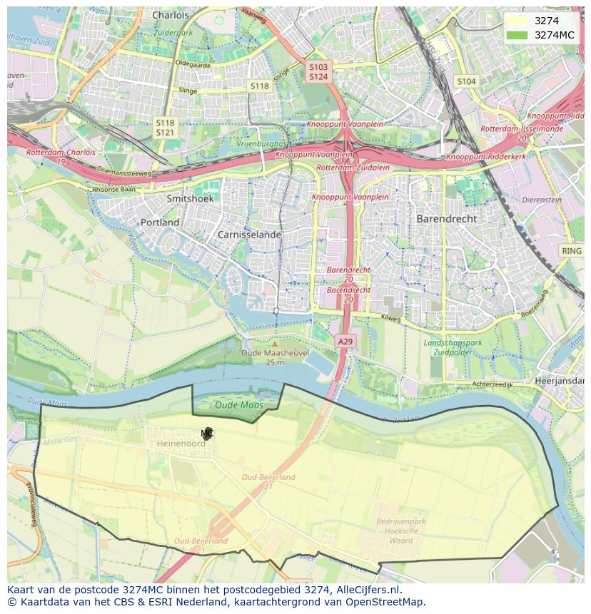 Afbeelding van het postcodegebied 3274 MC op de kaart.