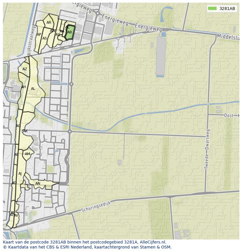 Afbeelding van het postcodegebied 3281 AB op de kaart.