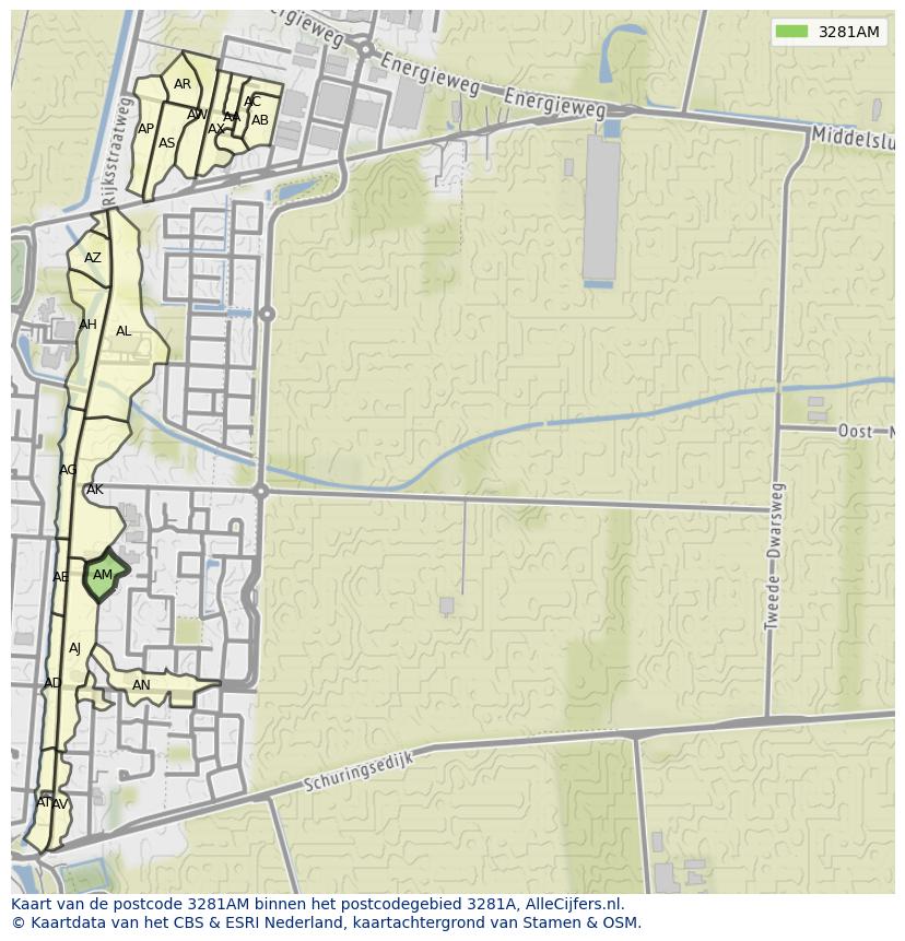 Afbeelding van het postcodegebied 3281 AM op de kaart.