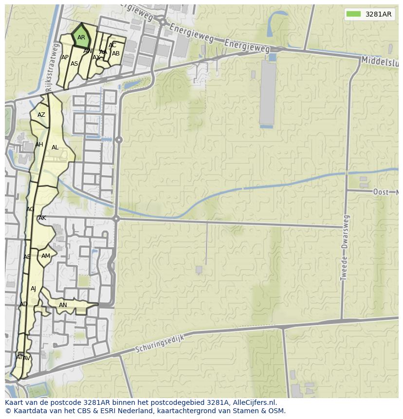 Afbeelding van het postcodegebied 3281 AR op de kaart.