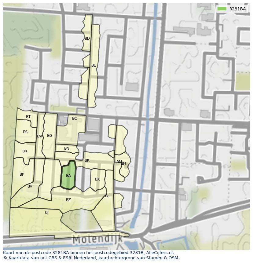 Afbeelding van het postcodegebied 3281 BA op de kaart.