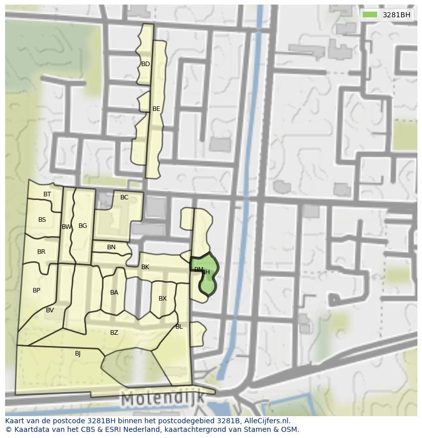 Afbeelding van het postcodegebied 3281 BH op de kaart.