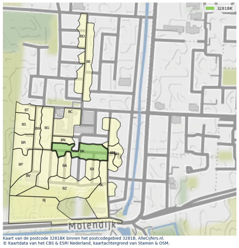 Afbeelding van het postcodegebied 3281 BK op de kaart.