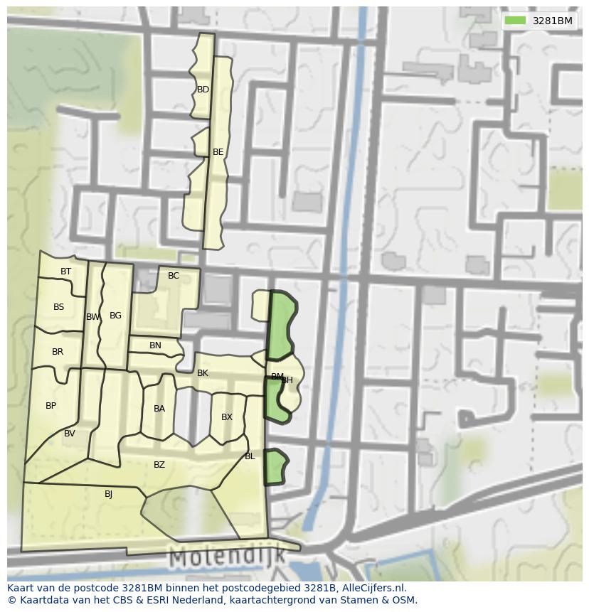 Afbeelding van het postcodegebied 3281 BM op de kaart.