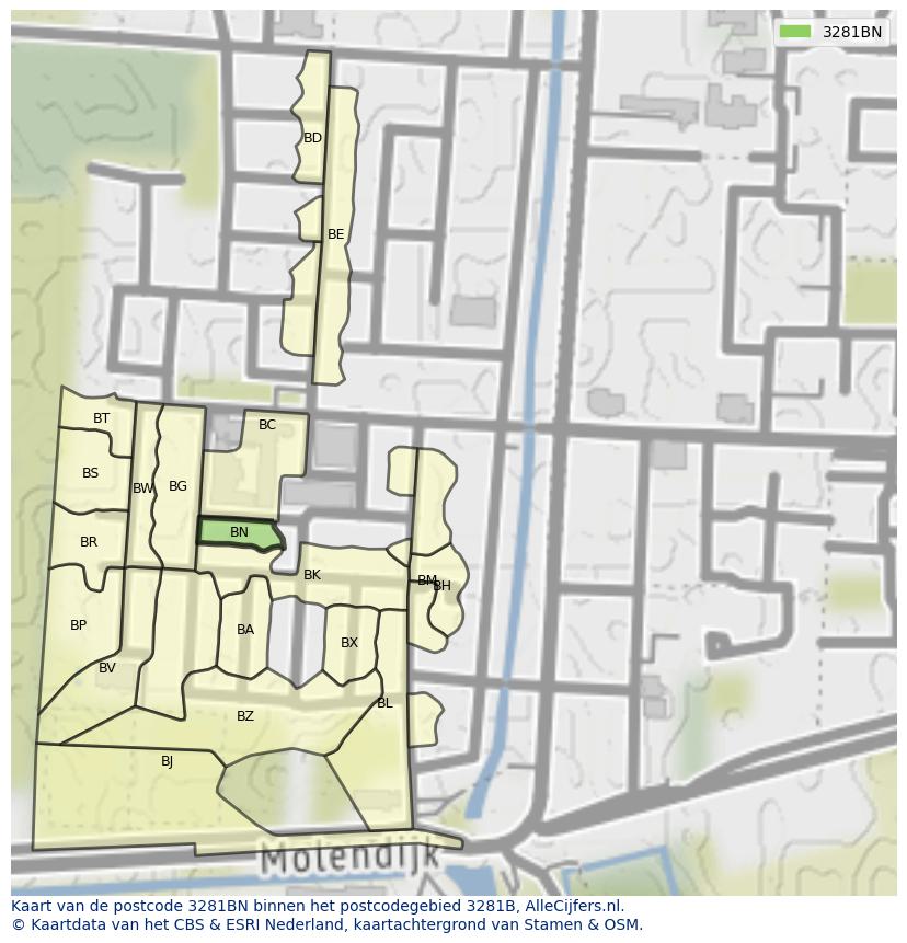 Afbeelding van het postcodegebied 3281 BN op de kaart.
