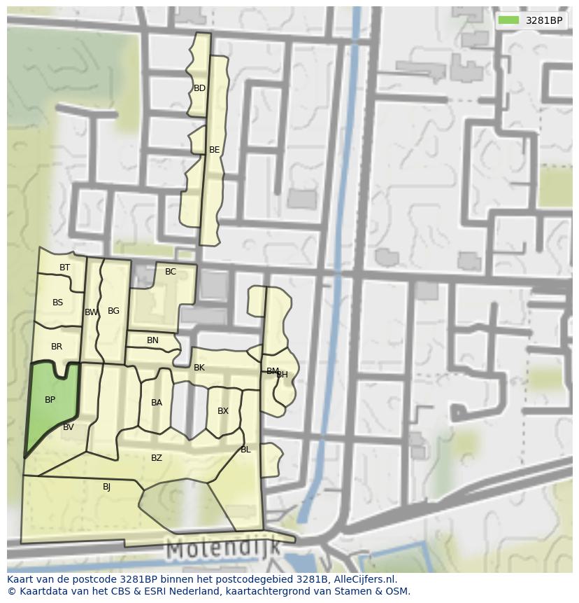 Afbeelding van het postcodegebied 3281 BP op de kaart.