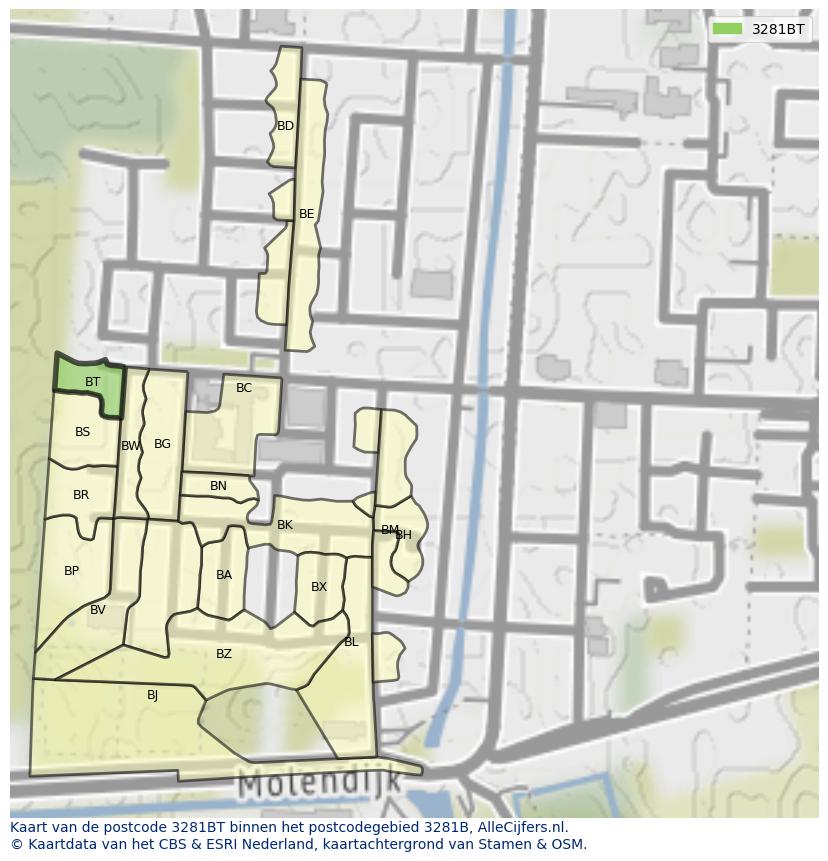 Afbeelding van het postcodegebied 3281 BT op de kaart.