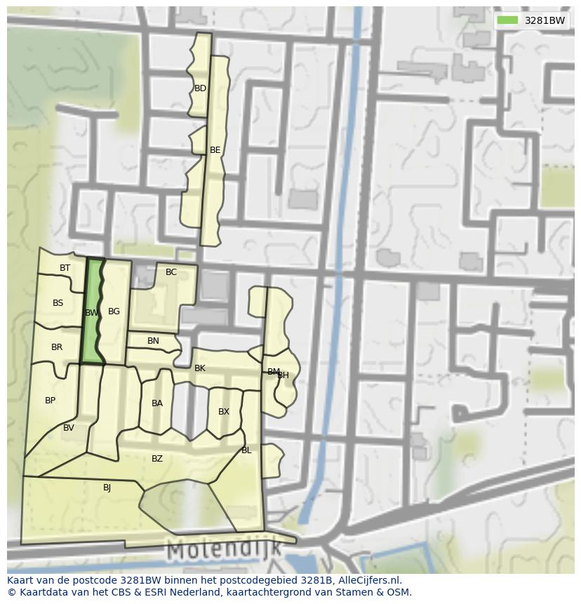 Afbeelding van het postcodegebied 3281 BW op de kaart.