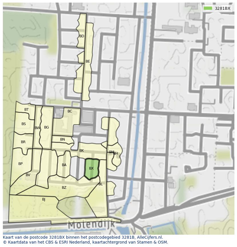Afbeelding van het postcodegebied 3281 BX op de kaart.