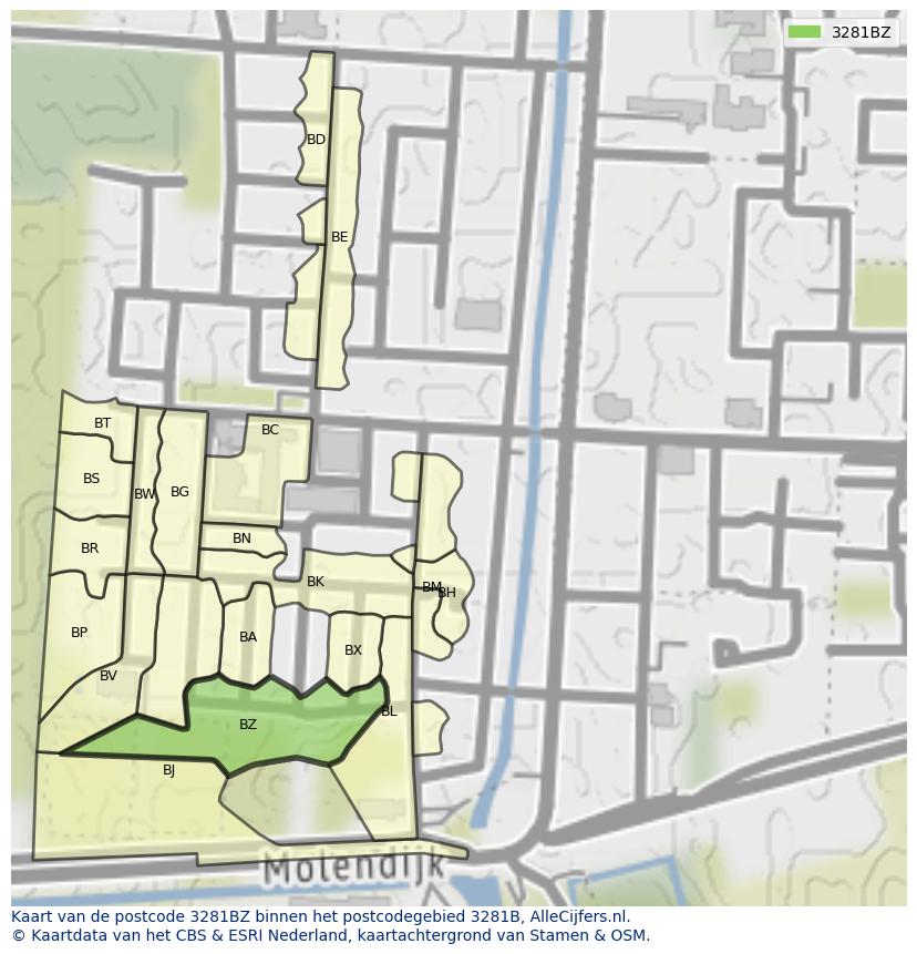 Afbeelding van het postcodegebied 3281 BZ op de kaart.