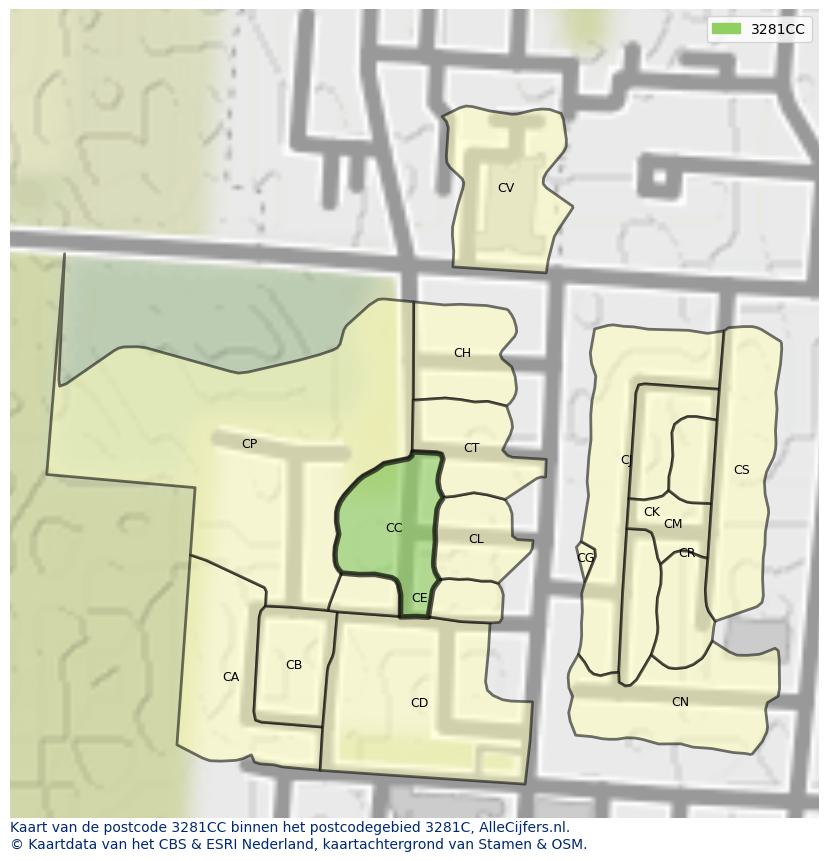 Afbeelding van het postcodegebied 3281 CC op de kaart.