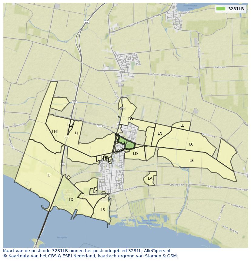 Afbeelding van het postcodegebied 3281 LB op de kaart.