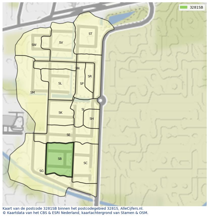 Afbeelding van het postcodegebied 3281 SB op de kaart.