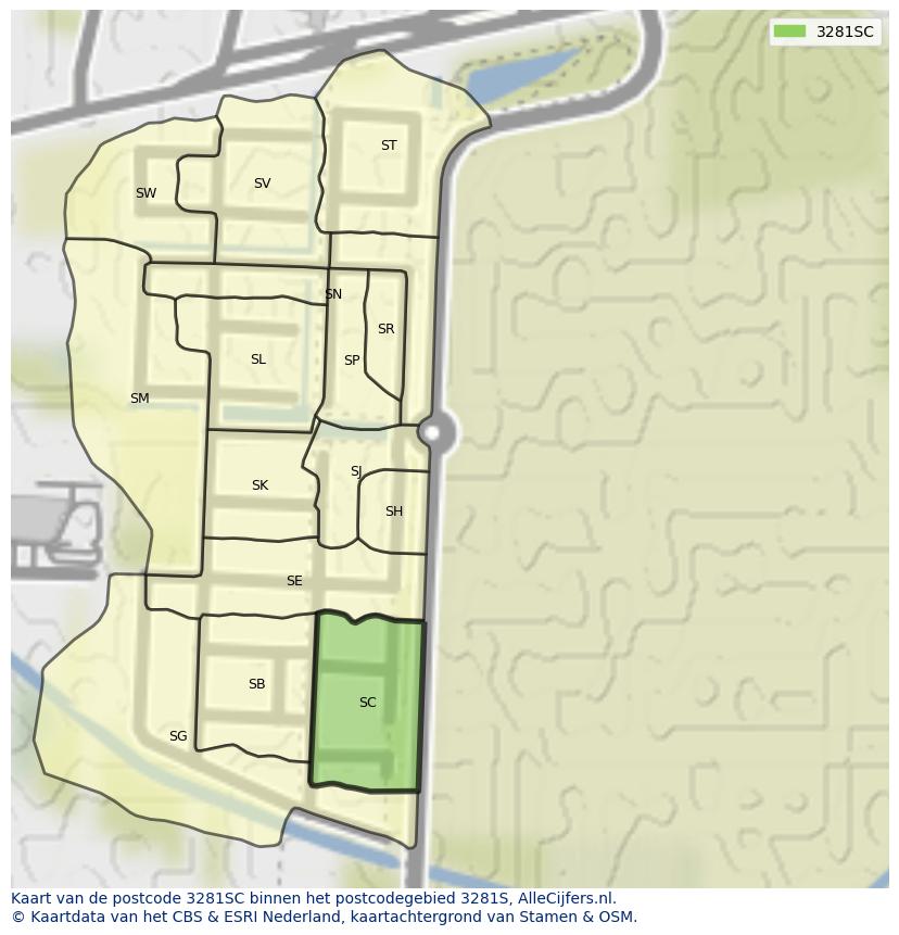 Afbeelding van het postcodegebied 3281 SC op de kaart.