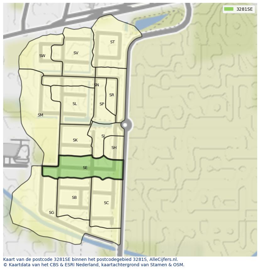 Afbeelding van het postcodegebied 3281 SE op de kaart.