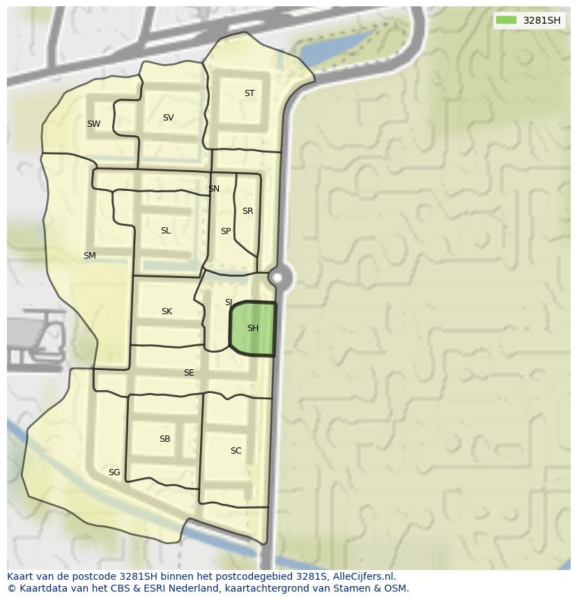 Afbeelding van het postcodegebied 3281 SH op de kaart.