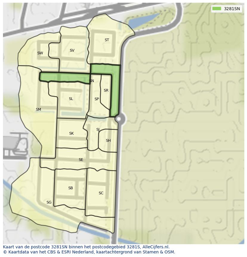 Afbeelding van het postcodegebied 3281 SN op de kaart.