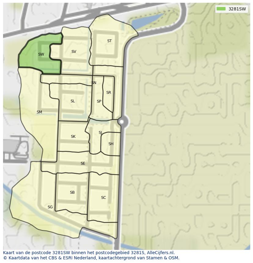 Afbeelding van het postcodegebied 3281 SW op de kaart.