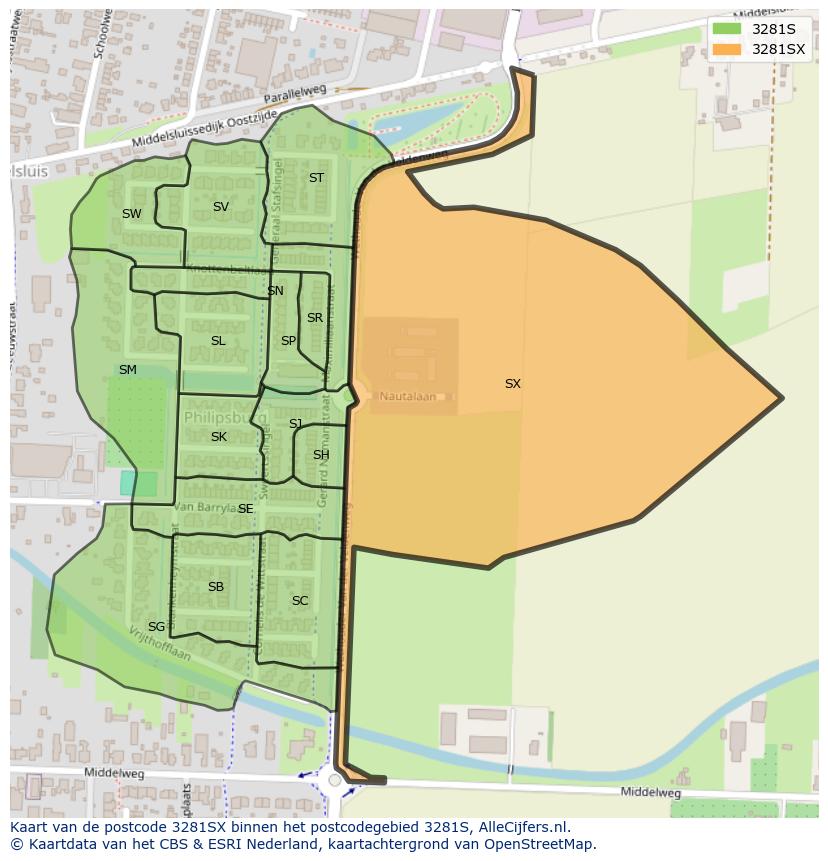 Afbeelding van het postcodegebied 3281 SX op de kaart.