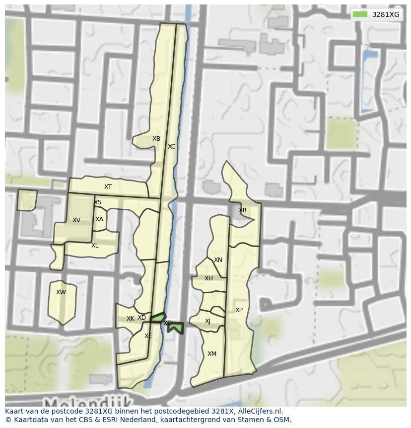 Afbeelding van het postcodegebied 3281 XG op de kaart.