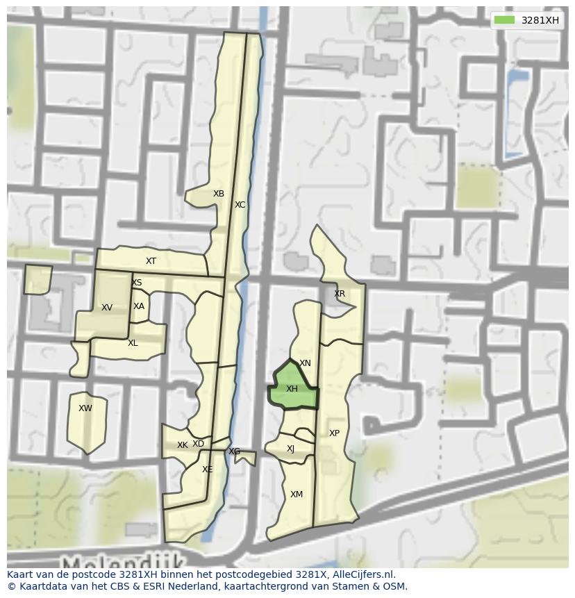 Afbeelding van het postcodegebied 3281 XH op de kaart.