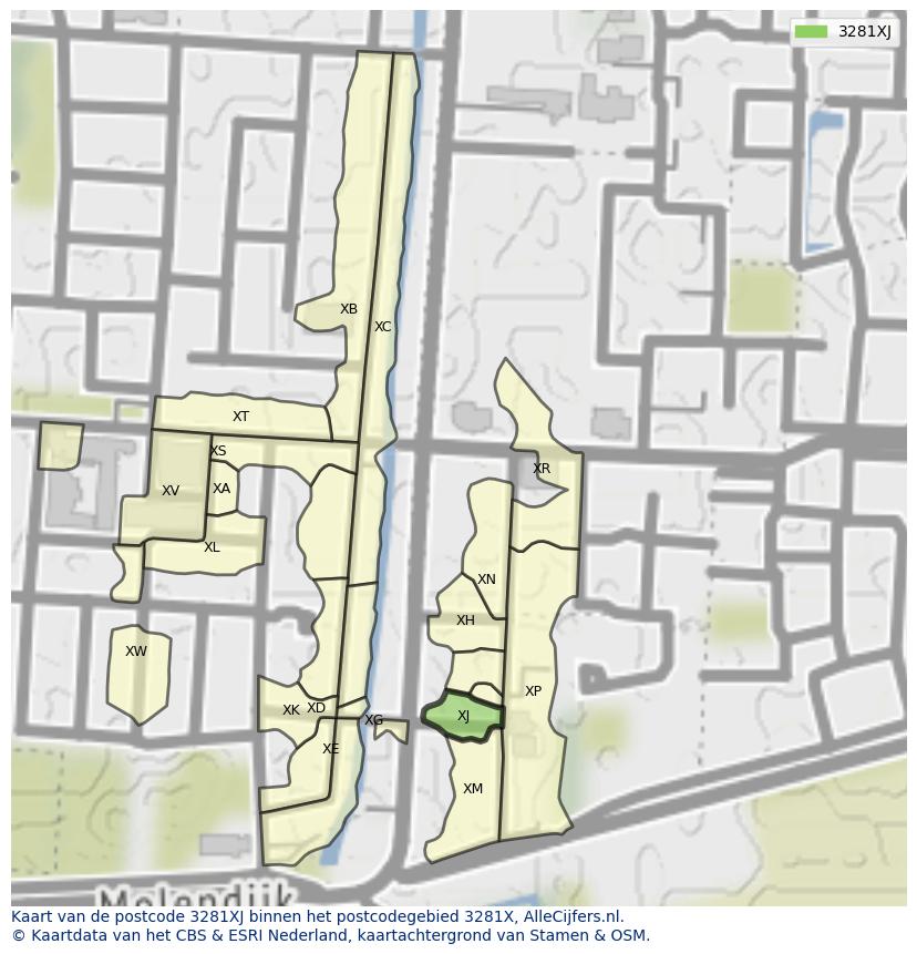 Afbeelding van het postcodegebied 3281 XJ op de kaart.