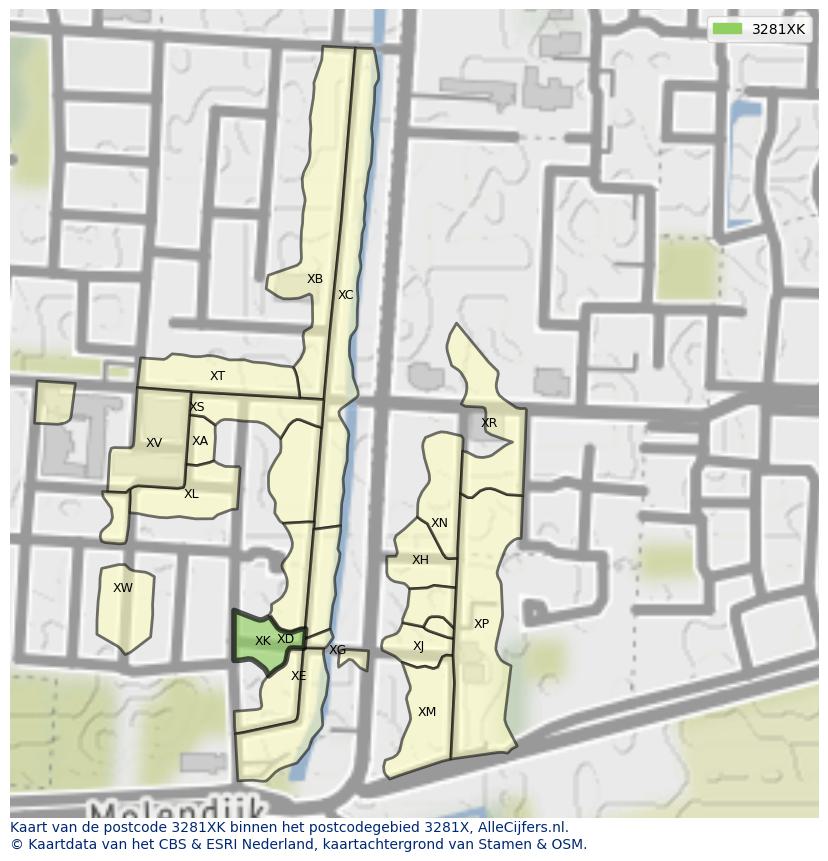 Afbeelding van het postcodegebied 3281 XK op de kaart.