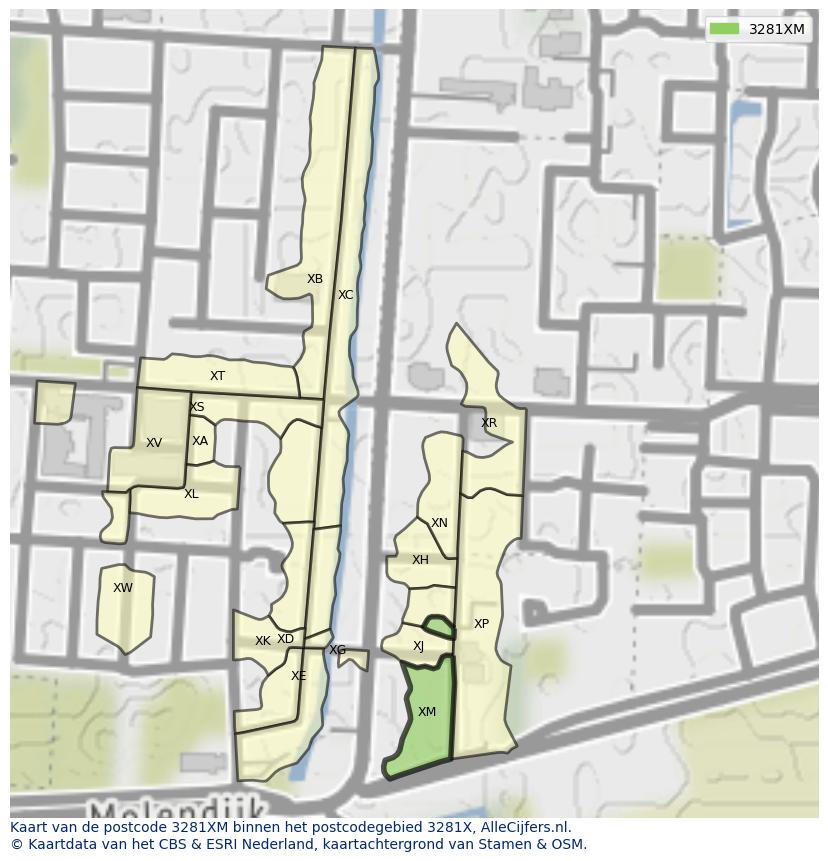Afbeelding van het postcodegebied 3281 XM op de kaart.