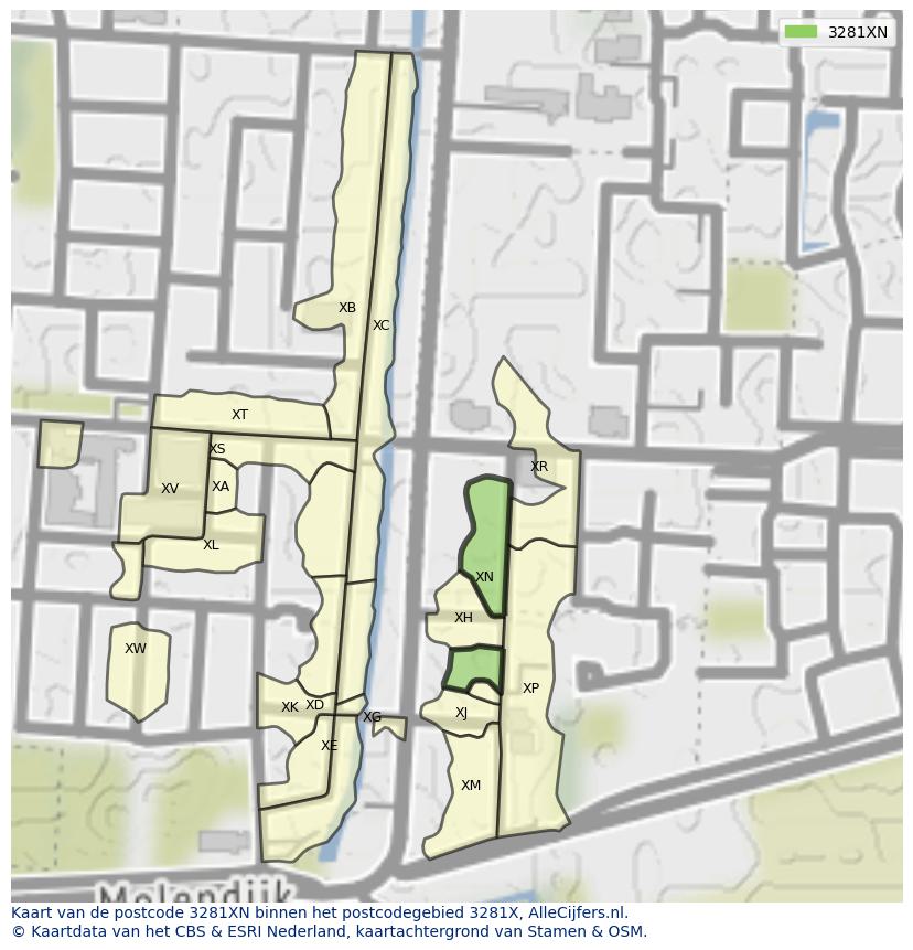 Afbeelding van het postcodegebied 3281 XN op de kaart.