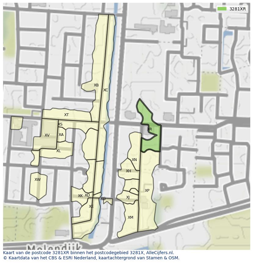 Afbeelding van het postcodegebied 3281 XR op de kaart.