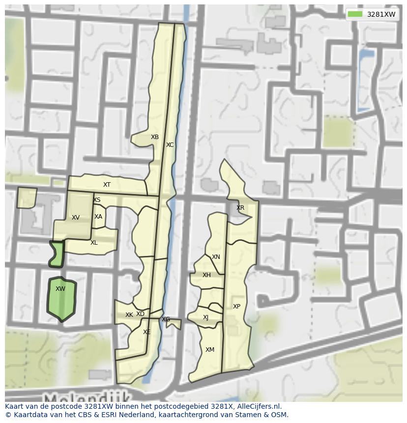 Afbeelding van het postcodegebied 3281 XW op de kaart.