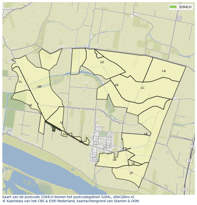 Afbeelding van het postcodegebied 3284 LH op de kaart.
