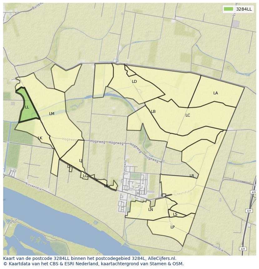 Afbeelding van het postcodegebied 3284 LL op de kaart.