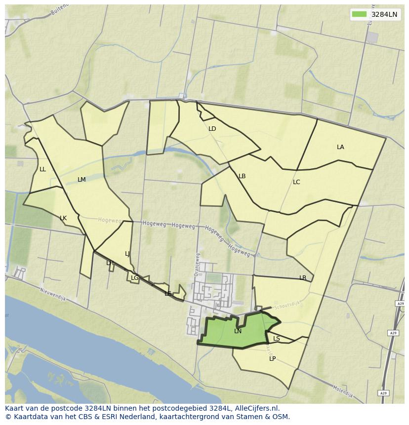 Afbeelding van het postcodegebied 3284 LN op de kaart.