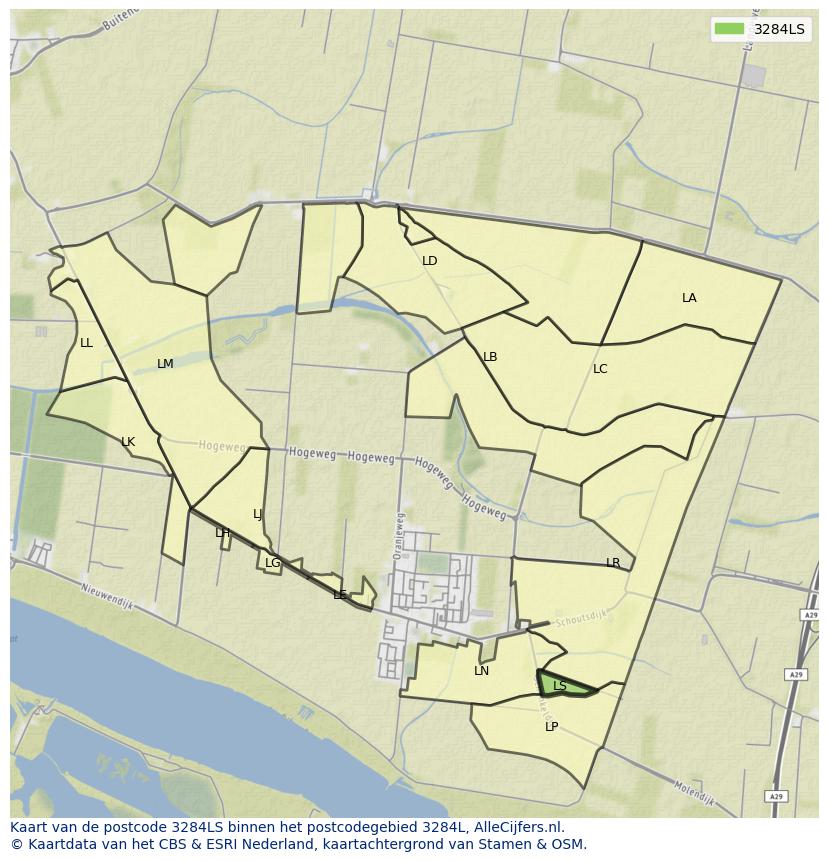 Afbeelding van het postcodegebied 3284 LS op de kaart.
